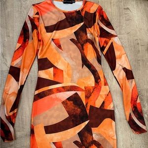 Pretty Little Thing Long Sleeve Mini Dress. Abstract Orange